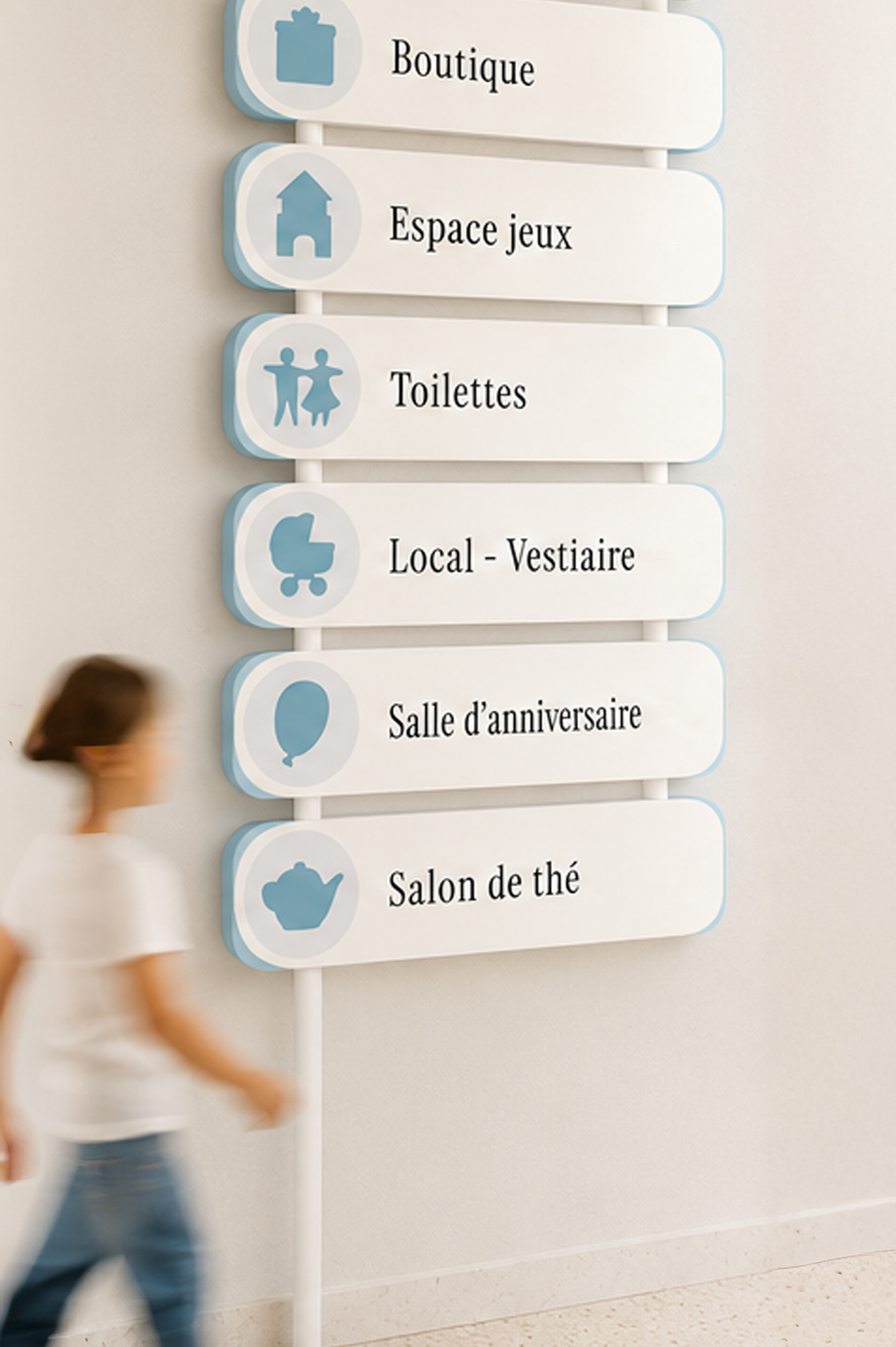 Signalétique des espaces Ludelys — boutique, espace jeux, salon de thé, salle d'anniversaire